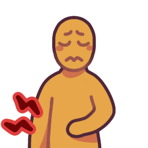 a person with a pained expression holding one hand over their stomach, which has little red pain marks by their torso.